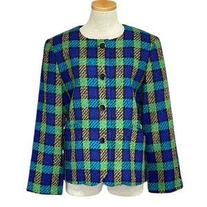 LILLI ANN Blazer Vintage Tweed Plaid Blue Green Women's Jacket NWT Size 10